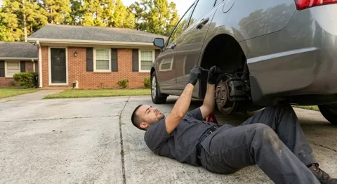 Mobile mechanic replacing brakes in a driveway